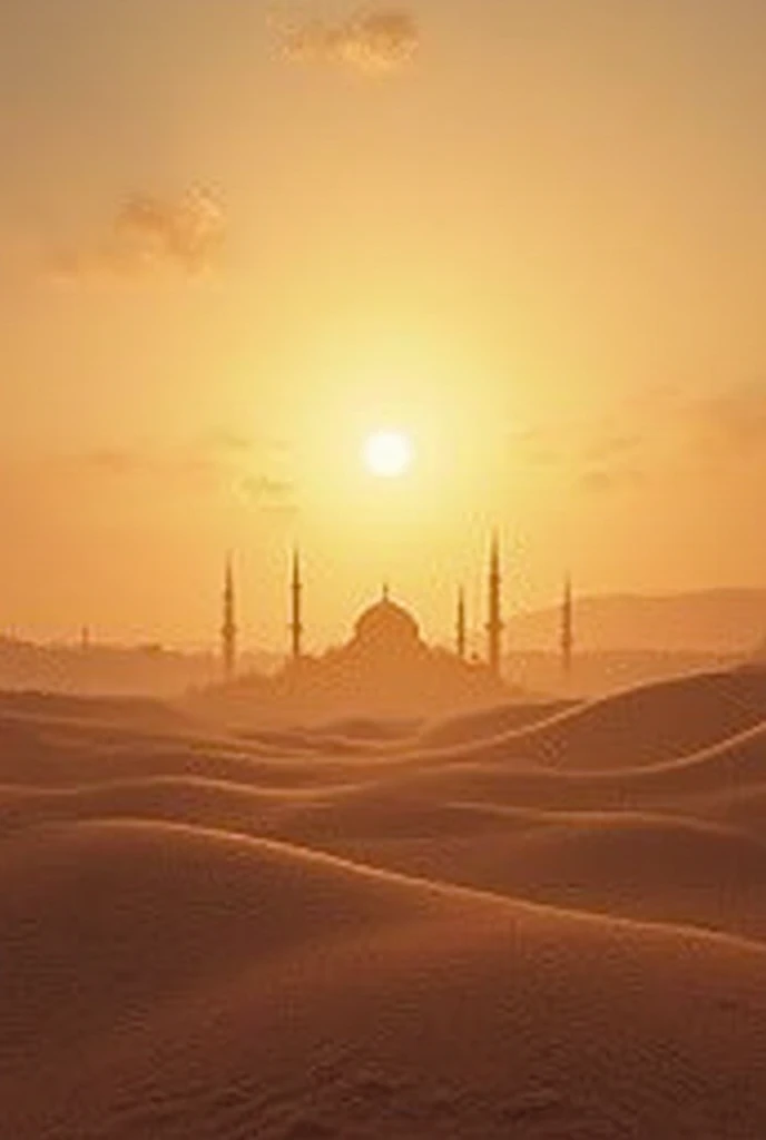 A peaceful Islamic background scene featuring a soft golden sunrise over a quiet desert landscape, with gentle rays of light illuminating a mosque in the distance. The atmosphere is calm and spiritual, evoking a sense of tranquility and devotion. The backg...