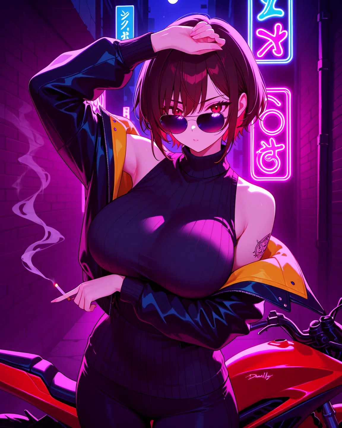 1girl,solo,breast,short hair,brown hair,red eyes,circular sunglasses,arm under breast other hand holding cigarettes,arm up,standing, stylish, shoulder skin,off shoulder, sexy,dark sweater, long sleeves,motorbikes jacket,dimly lit alleyway ,night with neon ...