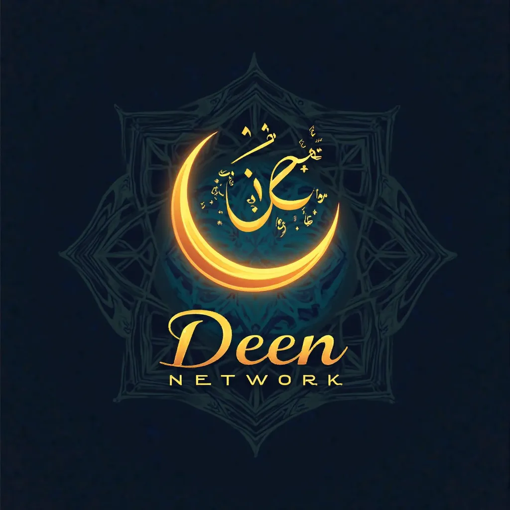 "A modern Islamic-themed logo featuring a glowing crescent moon and a calligraphic Arabic design in the background. The words 'Deen Network' should be placed in the center in elegant Arabic-inspired typography. The color scheme should include deep blue, go...