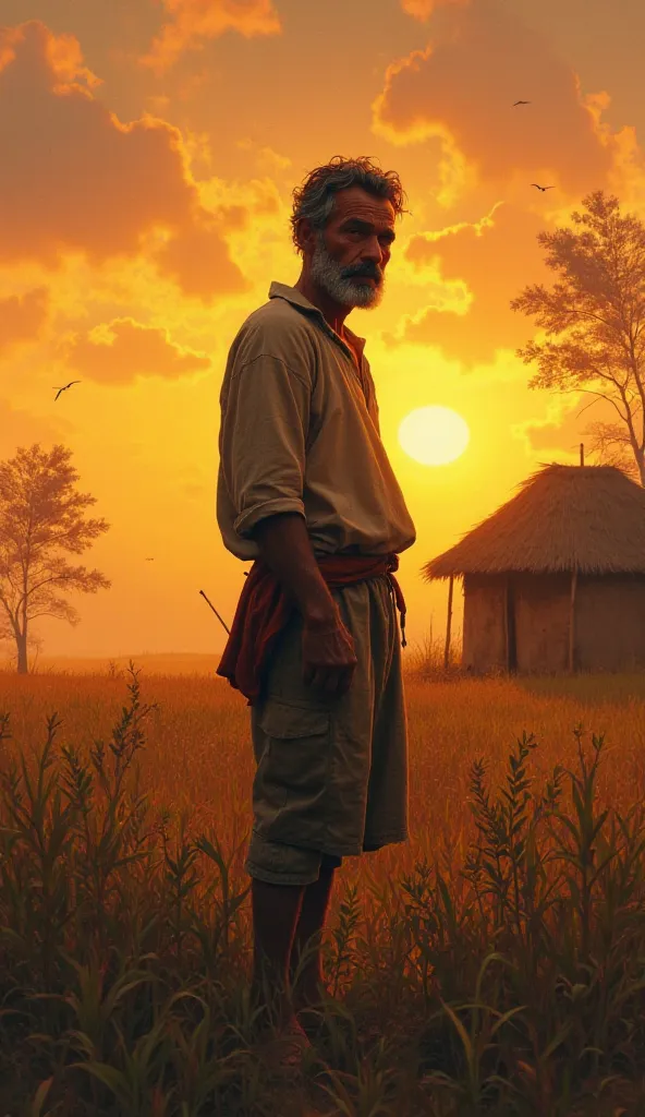 A poor but honest farmer standing in a small field with simple clothes, looking hopeful yet struggling with poverty. The sun sets behind his hut.