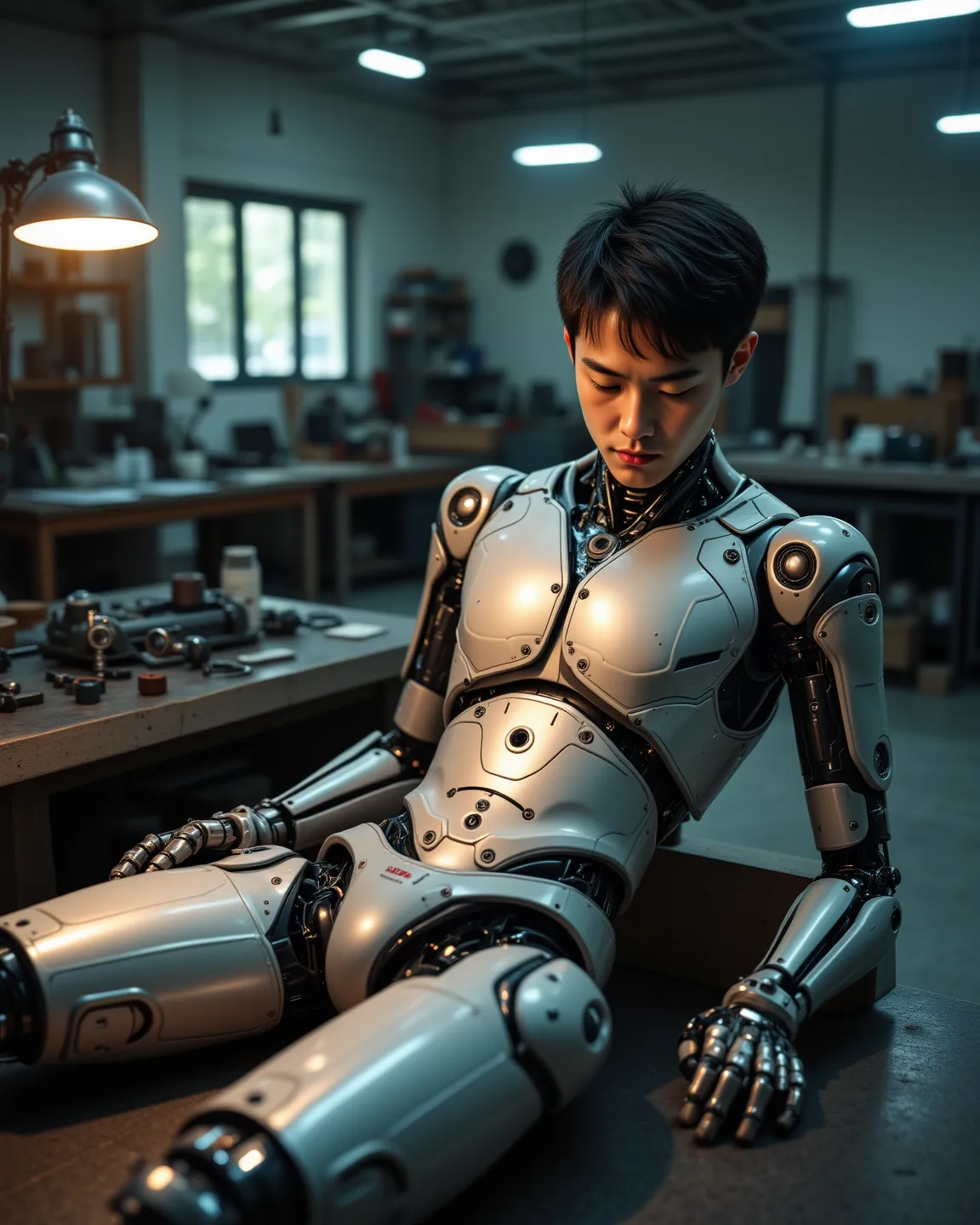 A handsome Korean male college student has only his lower body transformed into a robot，Robot lying flat on workbench，Robotic Arm Welding，Human Face，8 abdominal muscles ，Chest muscles，Human Skin ，with pain，Assembled thighs