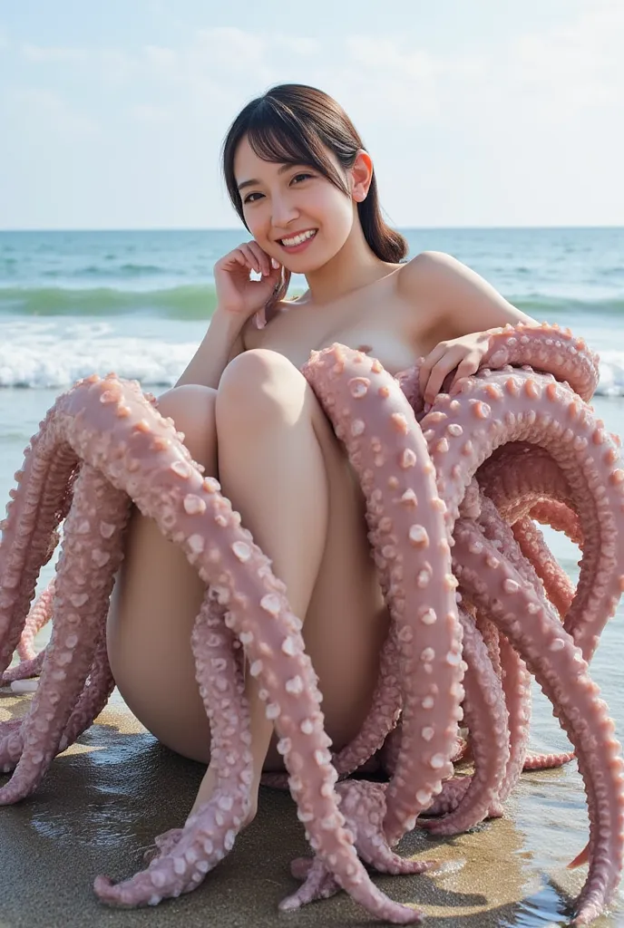 (highest quality、4K、High Resolution)、Full body image of a fully naked Japanese woman 、A large number of giant octopuses wrap around a woman's body、spread your legs 、small bust、Seaside、 smiles at the camera、ponytails for beautiful people、