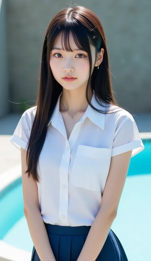 ((Realistic photography))、((full body))、((japanese girl school uniform)),(white shirt), (blue Pleated Skirt)　 cute　1 person　photograph　 real 　Actual item　Slightly pimpled face before menstruation　photograph　Advertising materials
Slightly pimpled face　Glowi...