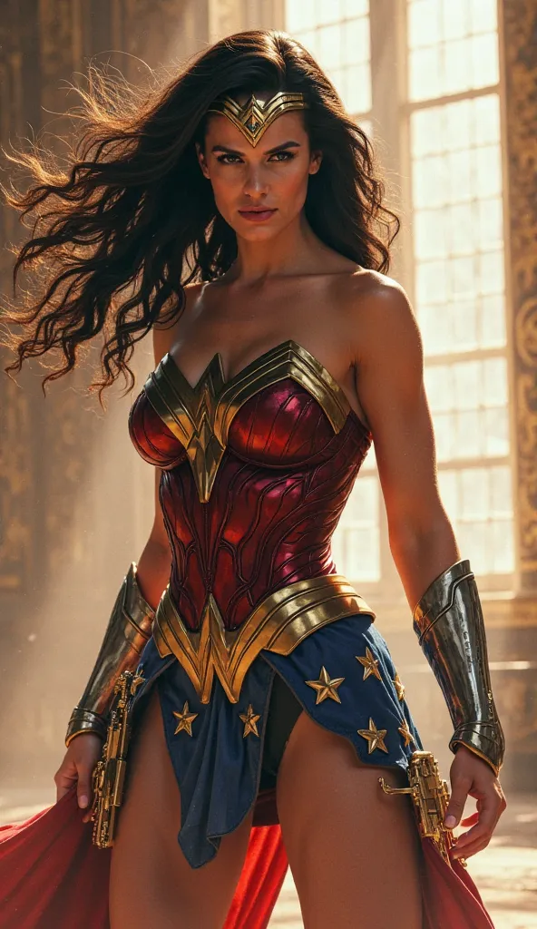 "Create an image of Wonder Woman in a dynamic and intense pose, similar to the one shown, with wild hair and a fierce, determined expression. She is inside a grand, elegant hall with tall windows, with dramatic lighting highlighting her powerful presence. ...