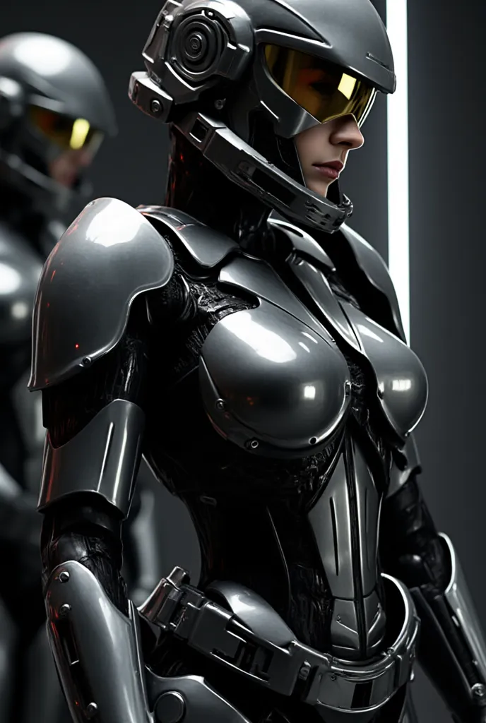 Девушка офицер  in massive black and matt high-tech armor and exoskeleton(with rare red diodes),  Their helmet is designed in a high-tech style with a protective thin green visor and built-in infrared sensors and pointed ears, preparing for battle, Concept...