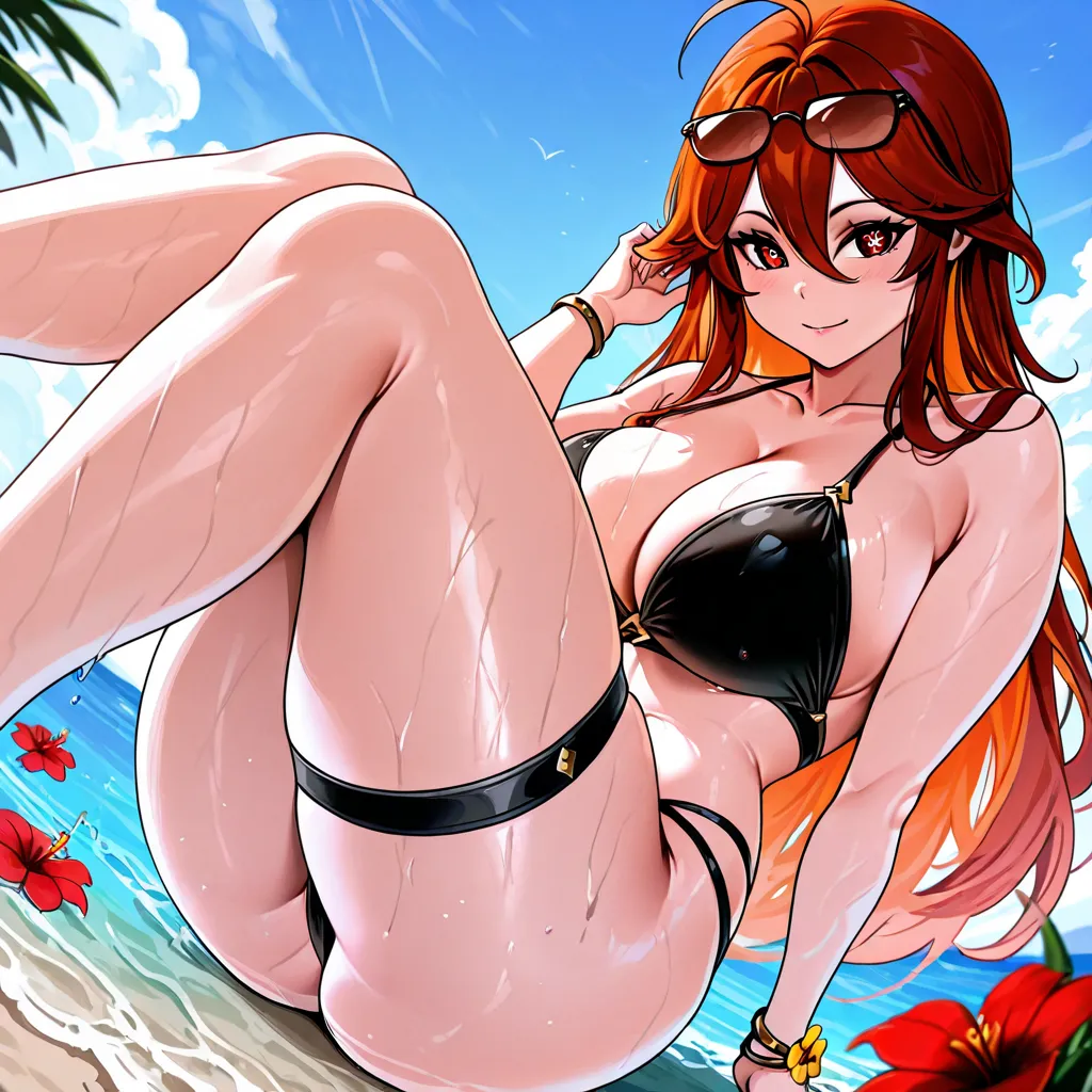 masterpiece,best quality,incredible quality,you are suffering, 1 ,  alternative costume , beach,  bikini, black frame glasses, black  bikini, bracelet, breasts,  cleavage,  cloud,  collarbone, is,  glasses on the head, flower, hand up, tem, tem flower, jew...