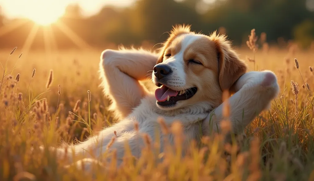 5.	Titus, lounging in a sunlit field with a contented smirk, eyes closed, arms behind his head, finally free from the burden of constant running—retirement well earned. Closed-up, hyper-realistic, vibrant, 4K HD.