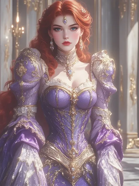 FULL BODY PHOTO OF AN EXTREMELY BEAUTIFUL WOMAN with European features ((Arabic))  characteristics , Red-haired hair TIED UP IN A VICTORIAN HAIRSTYLE WITH PEARL ORNAMENTS, GREEN EYES THAT SHINE, blushing cheeks, shiny skin, white skin, big breasts,  Curves...