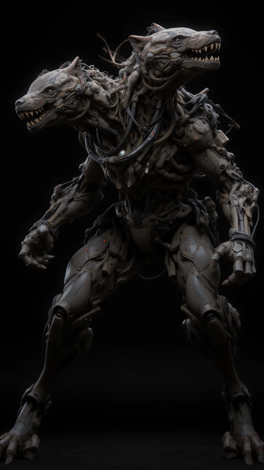 Cybernetic Humanoid with dog-like heads, menacing, mid-attack motion, high-angle camera