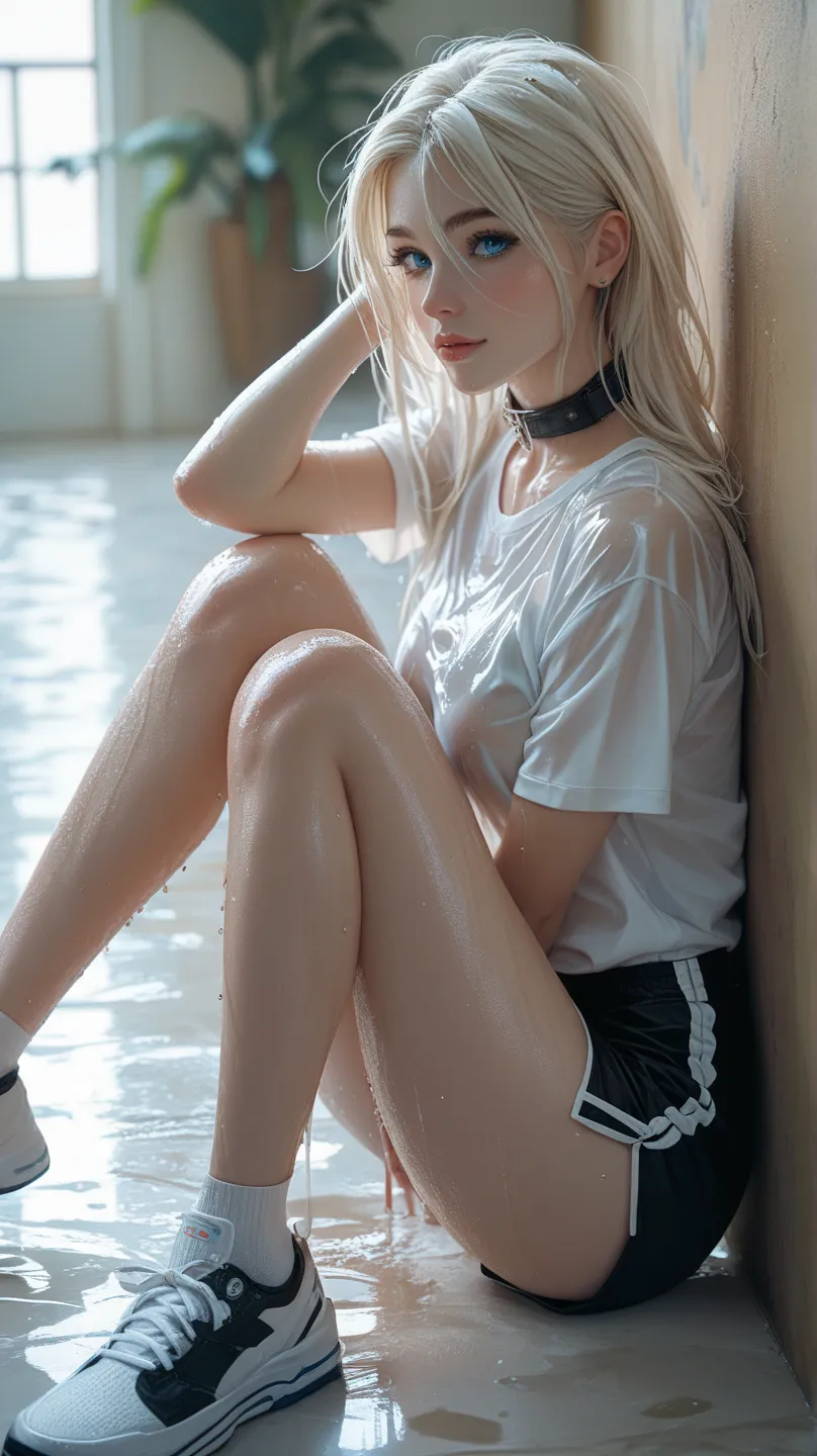 pretty girl,White Short Sleeve Shirt,Side Slit Shorts,sexy posture ,Wet body,Put on a black collar, blue eye,2 knees on the floor ,See the back