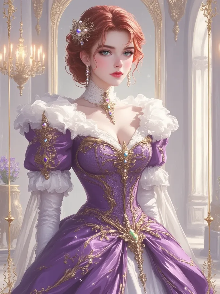 FULL BODY PHOTO OF AN EXTREMELY BEAUTIFUL WOMAN WITH European features ((Arabic))  characteristics , Red-haired hair TIED UP IN A VICTORIAN HAIRSTYLE WITH PEARL ORNAMENTS, GREEN EYES THAT SHINE, blushing cheeks, shiny skin, white skin, big breasts,  Curves...