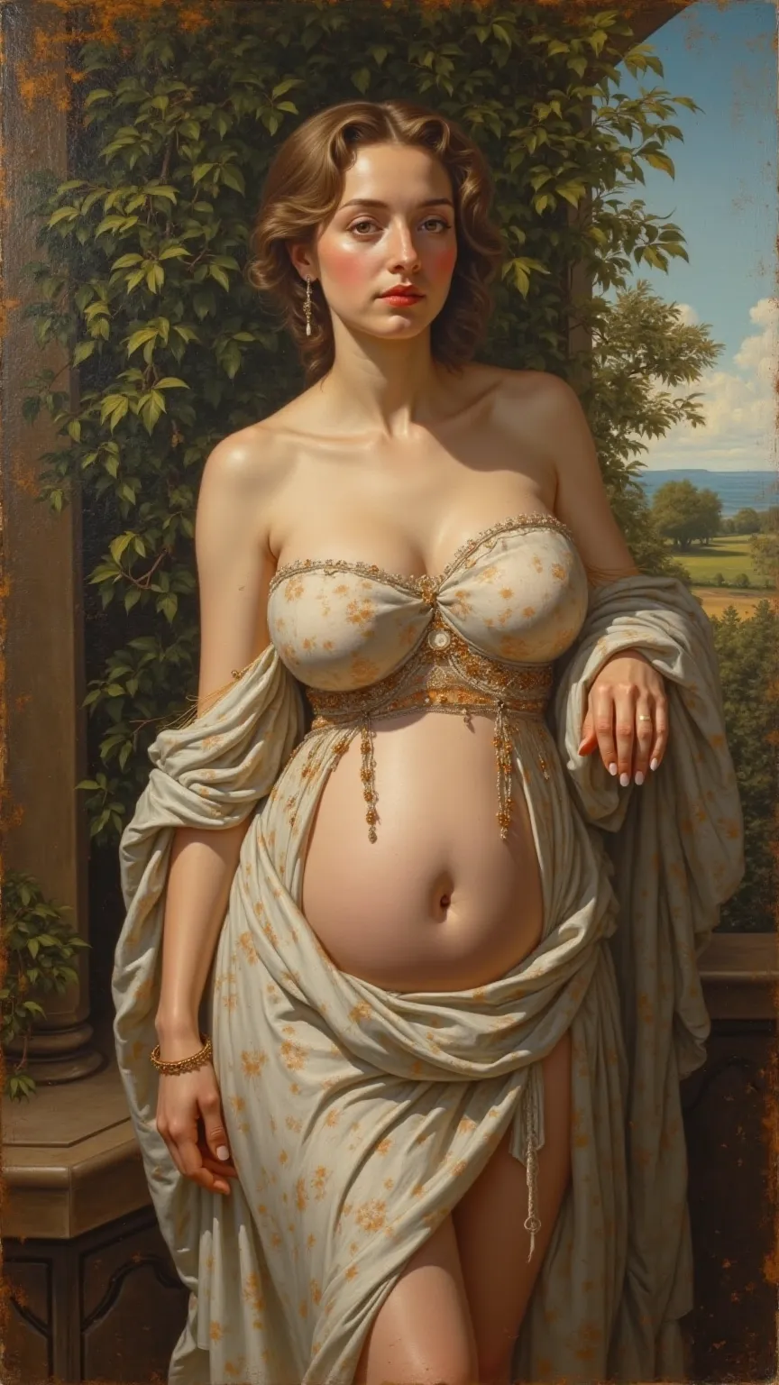 A painting drawn in the style of Raphael  ,   a beautiful Caucasian woman with large breasts wearing a transparent dress.