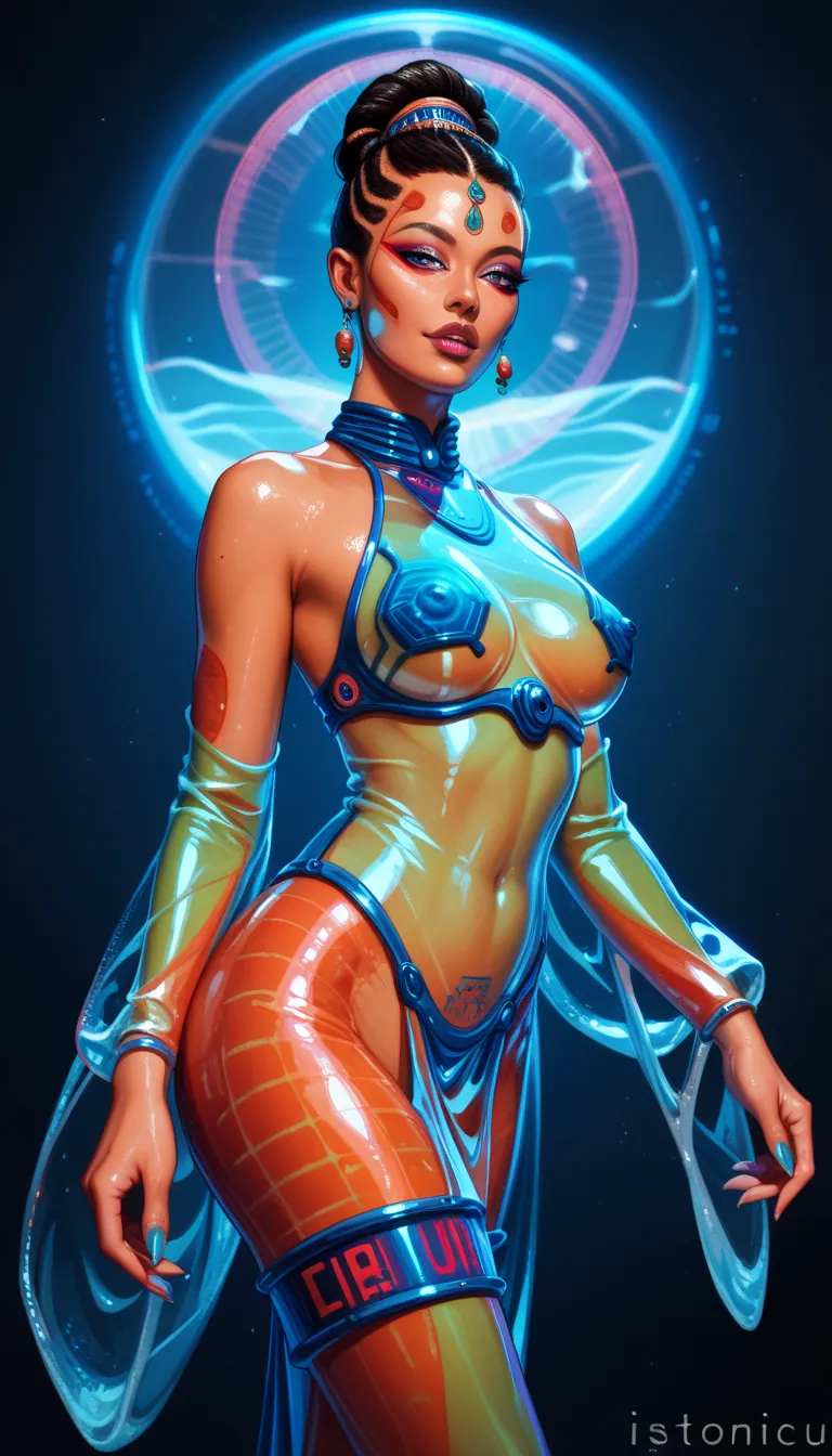 Ancient Extraterrestrial Creature, Alien Being, ((Non-Human)), Female seductive Alien, colorful skin, seductive Alien clothes, Holographic Clothes 