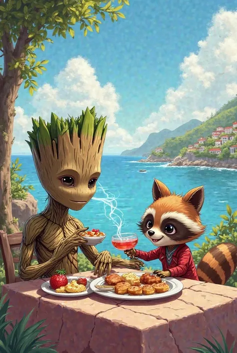 Dessin groot et racoon entrain de déjeuner sur une terrasse au bord de la mer avec un sourire 