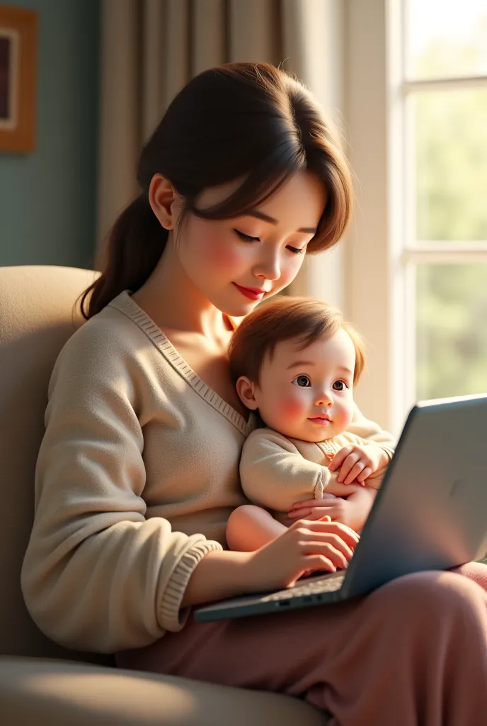 A mother cradling her baby with one hand and working on laptop with other i need this image in 3d render