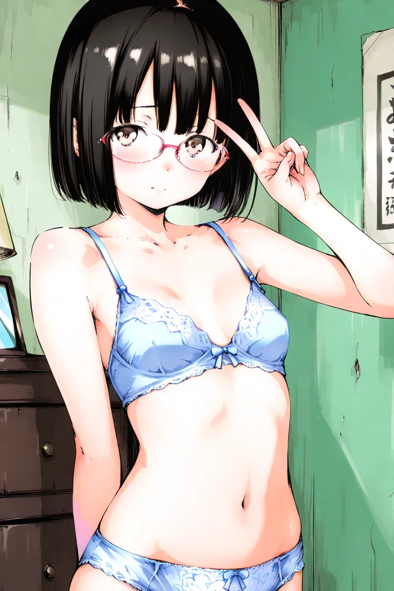 ((masterpiece, best quality, high quality, detailed, highly detailed, professional quality)), BREAK,, Hamao, front view, BREAK, solo, 1girl, short stature, slim, BREAK, black hair, short hair, bob cut, BREAK, glasses, light brown eyes, BREAK, (flat breasts...