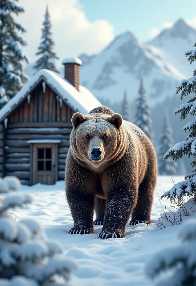 High detail, 8k photos, Russian hut, log house, background winter forest and mountains, foreground bear with b