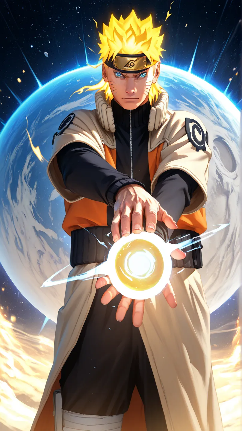 Masterpiece, 8k quality, extremely detailed, 1boy, male_focus, blonde_hair, solo, blue_eyes, uzumaki_naruto, facial_mark, looking_at_viewer, spiked_hair, whisker_markings, muscular_male, cosmic_background, swirling_galaxies, planets white_cloth, majestic_p...