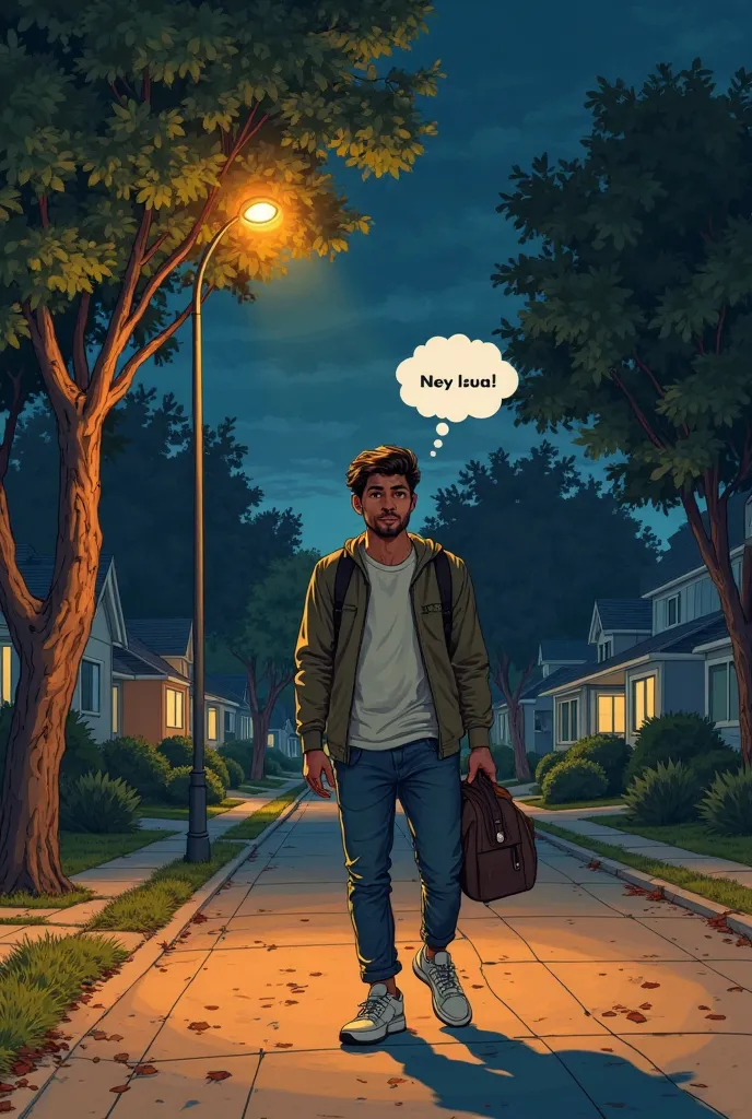 A young man in his late s named Juan walking down a quiet, tree-lined street at night. He carries a worn basketball bag on his shoulder, and his sneakers scuff lightly against the pavement. The street is illuminated by warm, glowing streetlights that cast ...