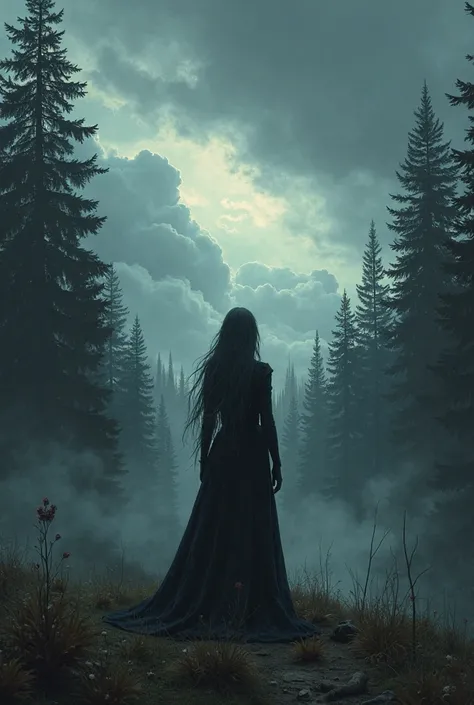 A horizon with dark clouds and dark pine trees with a gothic woman in the distance in the center of the horizom with hair flowing