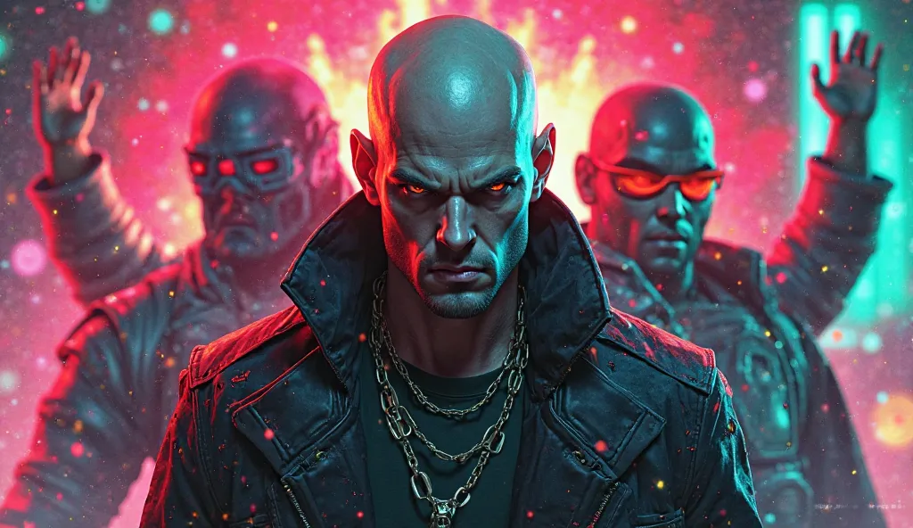 Create an image of a bald man as the main protagonist of a futuristic, cyberpunk-themed video game called 'Fragpunk.' His expression is intense and determined. The background is a vibrant, abstract mix of red, blue, green, pink, yellow, and green colors, c...