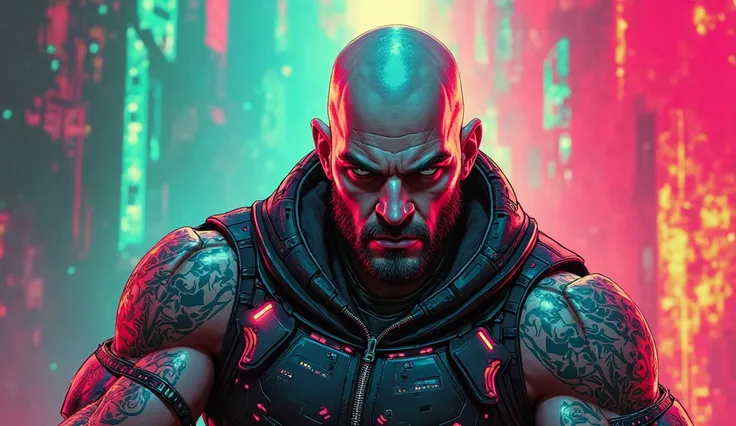 Create an image of a tough, bald man as the main protagonist of a futuristic, cyberpunk-themed video game called 'Fragpunk.' He has a rugged, battle-worn appearance with cybernetic enhancements like glowing tattoos and robotic arms. His expression is inten...