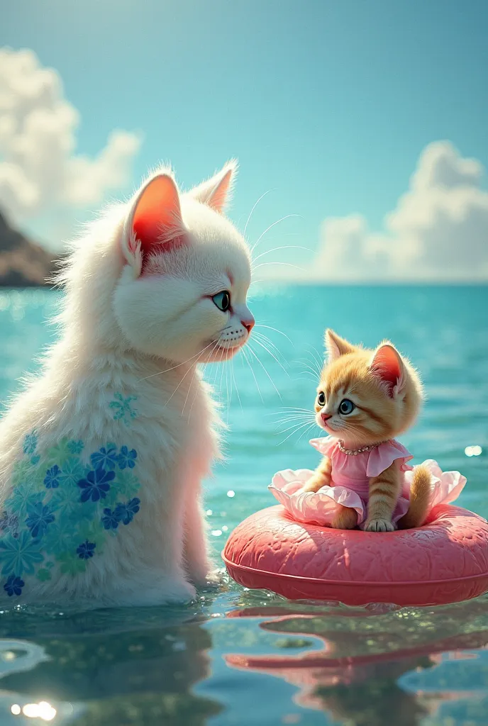 A whimsical scene: by a beautiful sea, a mermaid cat is gazing at a small cat sitting on a red rubber ring. The mermaid cat is wearing a watercolor outfit, with sunlight glinting off its white fur. The small cat, dressed in a lovely pink dress, appears a b...