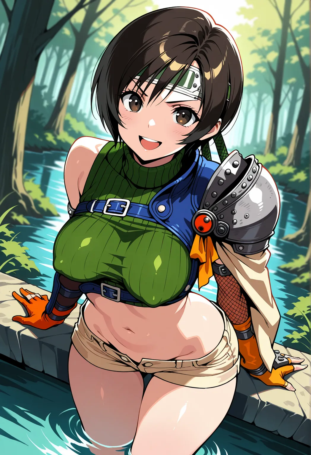 masterpiece,best quality,amazing quality,anime lineart,  depth of field,BREAK 1girl, yuffie kisaragi, (final fantasy7), short hair, black hair, brown eyes,turtleneck, midriff, gloves,lowleg shorts,navel,stomuch, fishnets",medium breasts,,v-shaped eyebrows,...