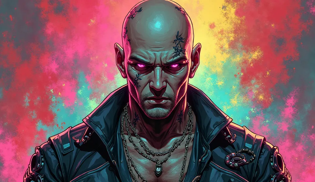 Create an image of a bald man as the main protagonist of a futuristic, cyberpunk-themed video game called 'Fragpunk.' He has a rugged, battle-worn appearance with cybernetic enhancements like glowing tattoos and robotic arms. His expression is intense and ...