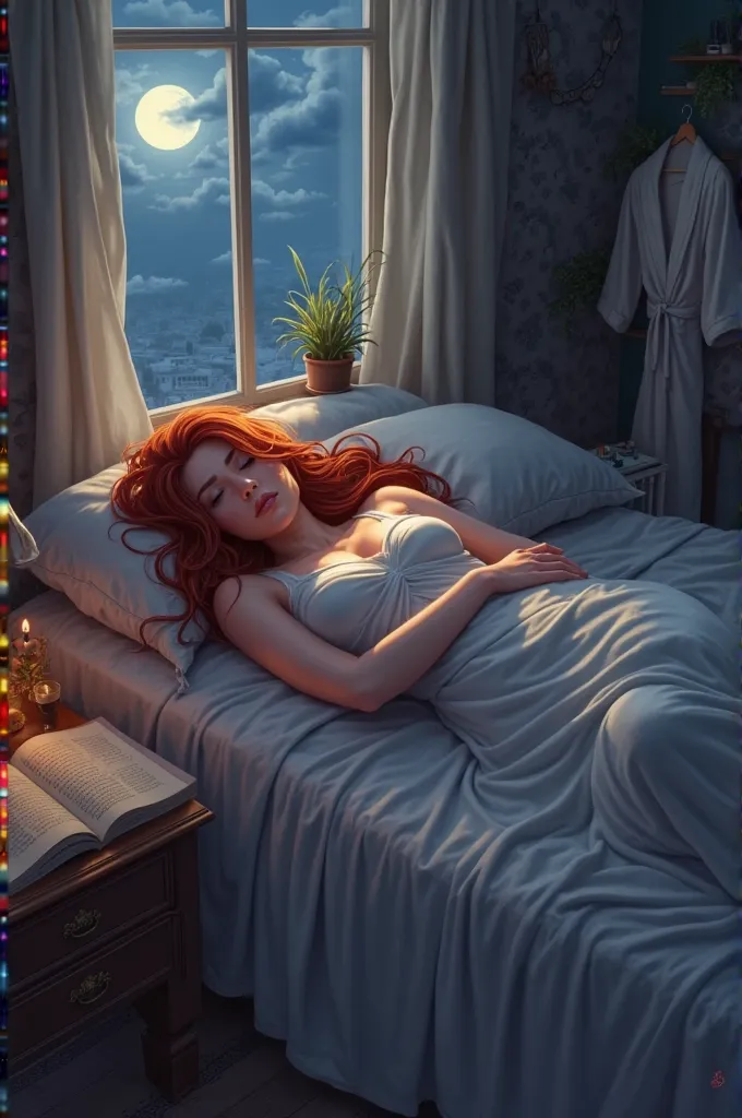 I imagine a suggestive and intimate scene: It's night, filters The moon softly illuminates Hyda's room through the window. She is lying on the bed, immersed in a peaceful sleep, wrapped in a light sheet who reveals the elegant curves of her body without sh...