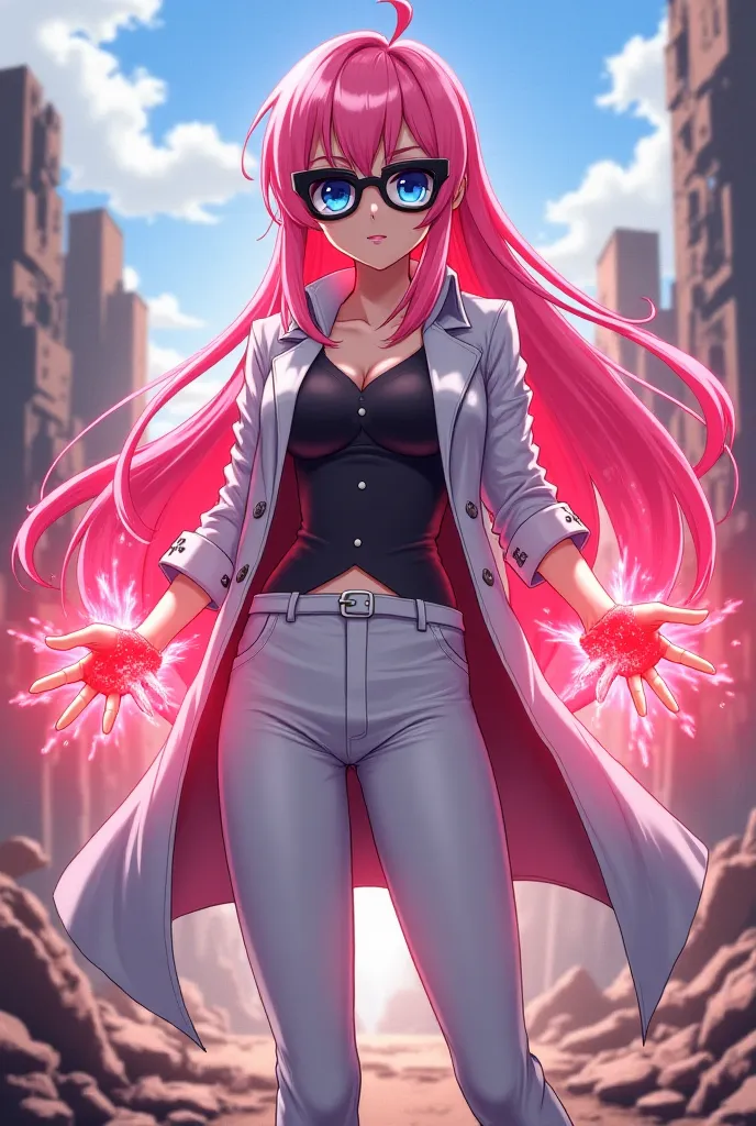 Make an anime character with long pink hair and very blue eyes and big boobs and black sunglasses and white coat and white coat and white clothes and white pants, casting red energy with your hands in a ruined city 