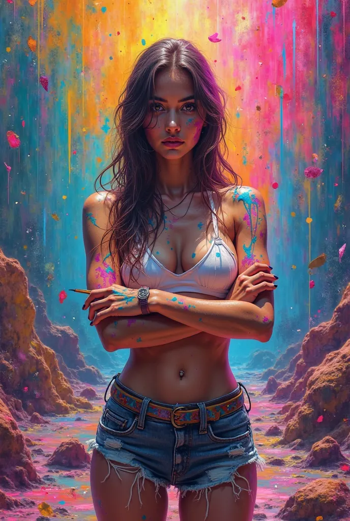 Masterpiece. Ultra quality. Photorealistic. Realism. Painted world. Colorful world. Artistic. Abstract world. Splashes of luminescent paint. Splashes of colored paint. Psychodelic colors. Luminescet colors. Beautiful woman. Upper body shot. Woman painter. ...