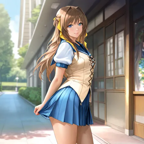 a young woman posing for a photo standing, outdoors, BREAK 1girl, c-kouenji, blue eyes, long hair, brown hair, hair ribbon, blue sailor collar, puffy short sleeves, white shirt, beige vest, cross-laced clothes, blue pleated skirt, looking at viewer, cowboy...