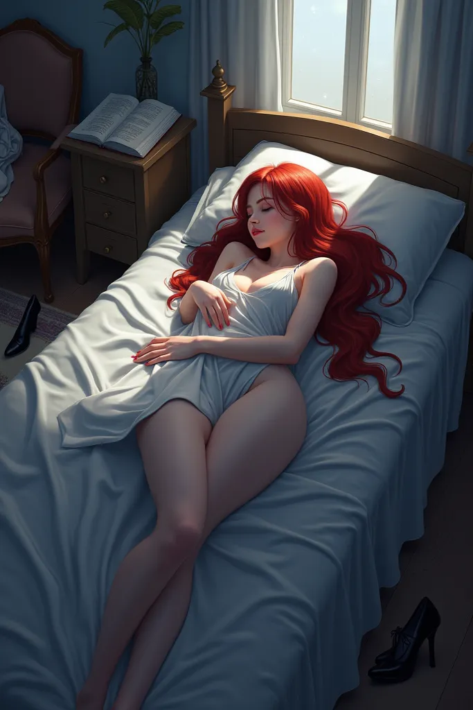 I imagine a suggestive and intimate scene: It's night, filters The moon softly illuminates Hyda's room through the window. She is lying on the bed, immersed in a peaceful sleep, wrapped in a light sheet who reveals the elegant curves of her body without sh...