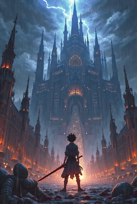 "A dramatic anime-style scene set in an ancient city during a raging storm. Towering spires of the Timekeepers' Citadel rise in the background, illuminated by flashes of lightning. In the foreground, a young warrior named Haru Kazenari stands, drenched in ...