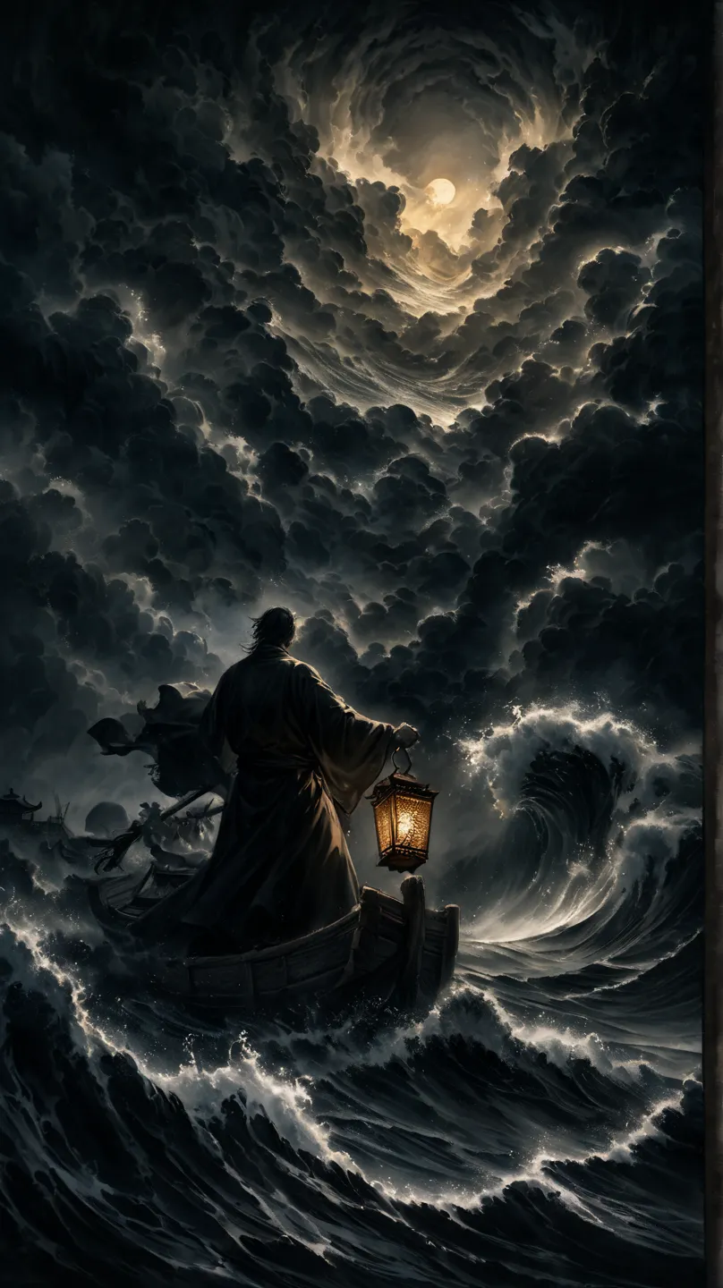 "Master piece, Ultra detailed, Best quality, A breathtaking digital painting in the style of ancient Chinese ink wash art, depicting a lone ferryman battling against a raging storm on a vast, dark ocean under the midnight sky. Towering waves crash violentl...