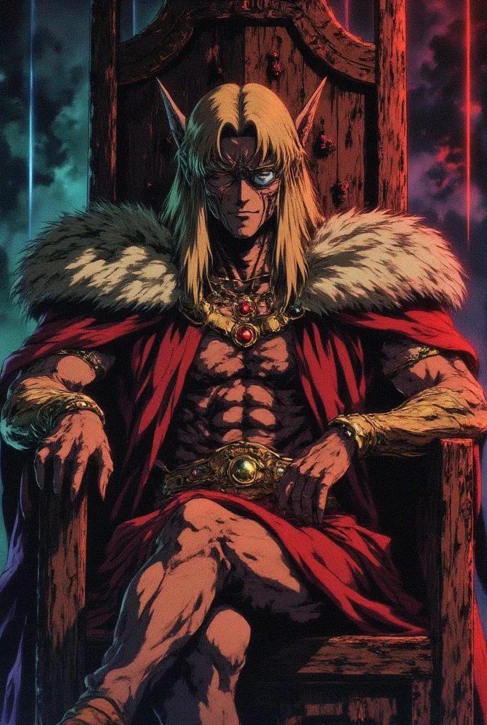 man, long blond hair, muscular, lion ears, dark, covered in gold jewelry, eye patch over his right eye, red medieval tabard open on his chest, sitting on a throne, sarcastic smile, battle scar,