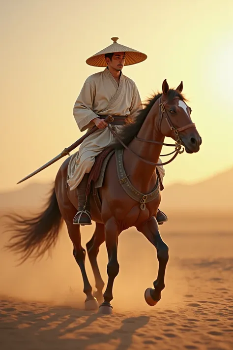 Knight，3D Stereoscopic，An Asian man wearing a bamboo hat and holding the reins is riding on a horse，Wearing ancient linen clothing，Carrying the sword with the handle exposed，Walking in the desert at sunset，Sand，Anthropomorphic，Knight style，Majestic，32K，Rea...