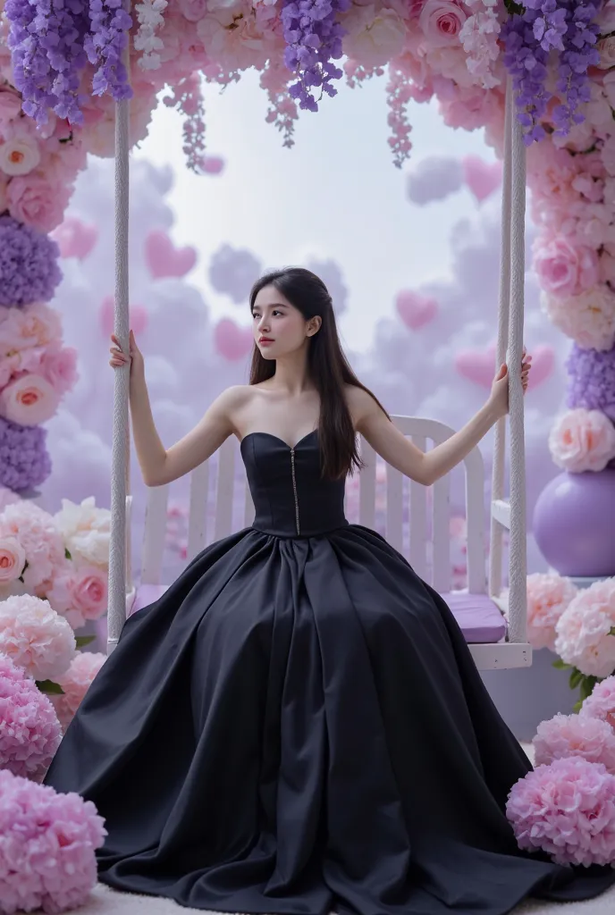 A beautiful young woman with long, straight hair to her waist, wearing a long black wedding dress, sits on a swing adorned with soft purple and pink flowers. The background is also filled with flowers and artificial clouds, creating a soft and romantic atm...