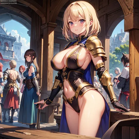 High quality, super detailed, best quality, highly detailed, beautiful, masterpiece, vibrant colors, shiny skin, perfect anatomy, female group, harem, knights, armor, medieval, fantasy, pouches, big boobs, (sideboob, underboob)