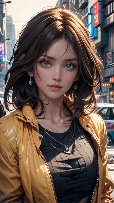 RAW photo, 20 year old closeup portrait photo.woman, Alone, realistic, shirt,jacket, Cyberpunk, spike hair,brown hair, yellow jacket, The background is a ruined city , (advanced detailed skin:1.2), 8K HD, dslr, Soft Lighting, high quality, Film Grain, FUJI...