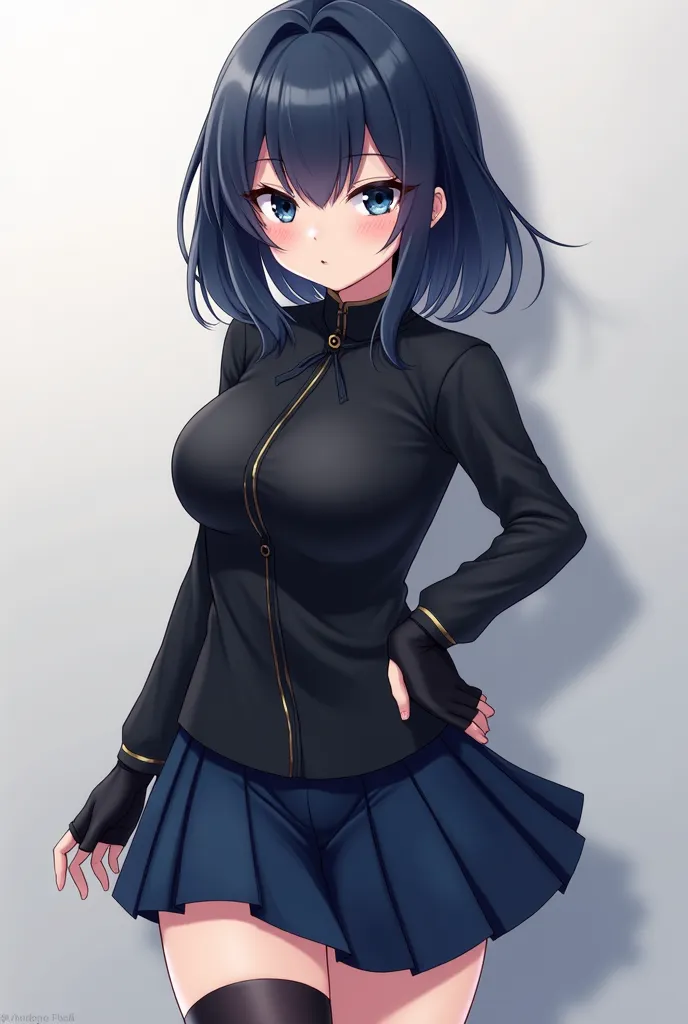 Generate me an cute and tsundere anime girl with dark blue hair and black eyes,she wears a black uniform with dark blue skirt,she has big breast and very big tights,