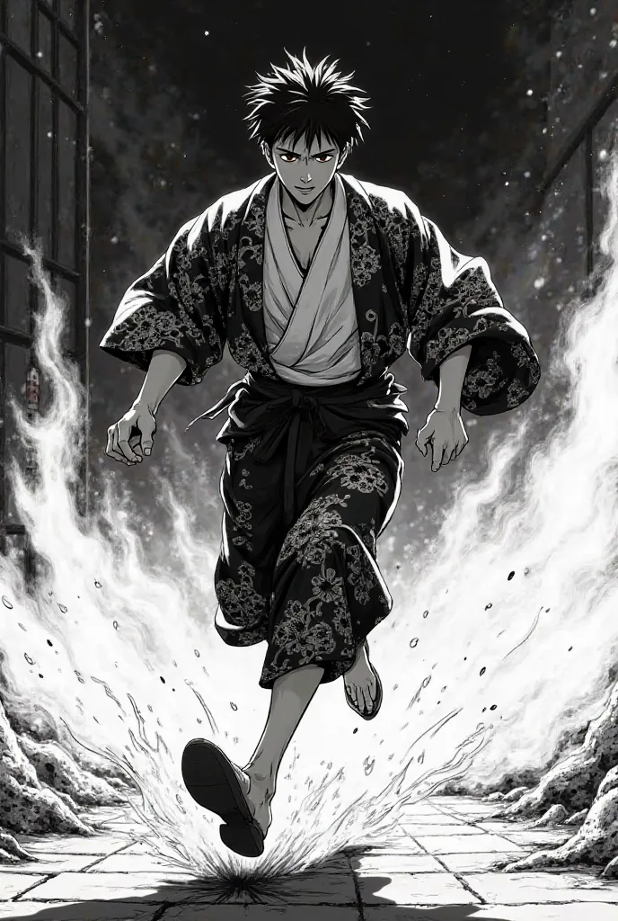 A young man in yukata running from fire in black and white
Manga style