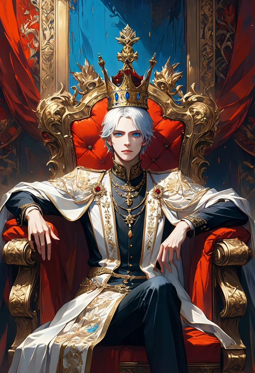 (A boy with a crown, throne, sitting, white hair, posing like a tyrant king, blue eyes), oil painting, regal background, detailed crown, intricate throne, vibrant colors, dramatic lighting, ultra-realistic details, high resolution, majestic presence, royal...