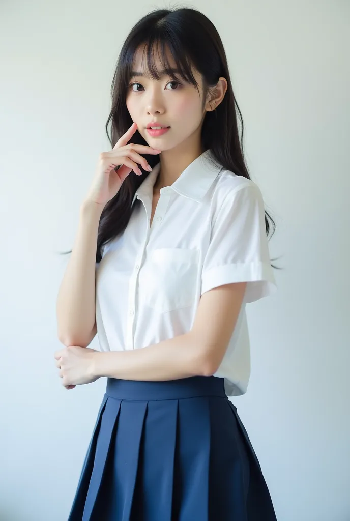 ((Realistic photography))、((full body))、((japanese girl school uniform)),(white shirt), (blue Pleated Skirt)　 cute　1 person　photograph　 real 　Actual item　Slightly pimpled face before menstruation　photograph　Advertising materials
Slightly pimpled face　Glowi...