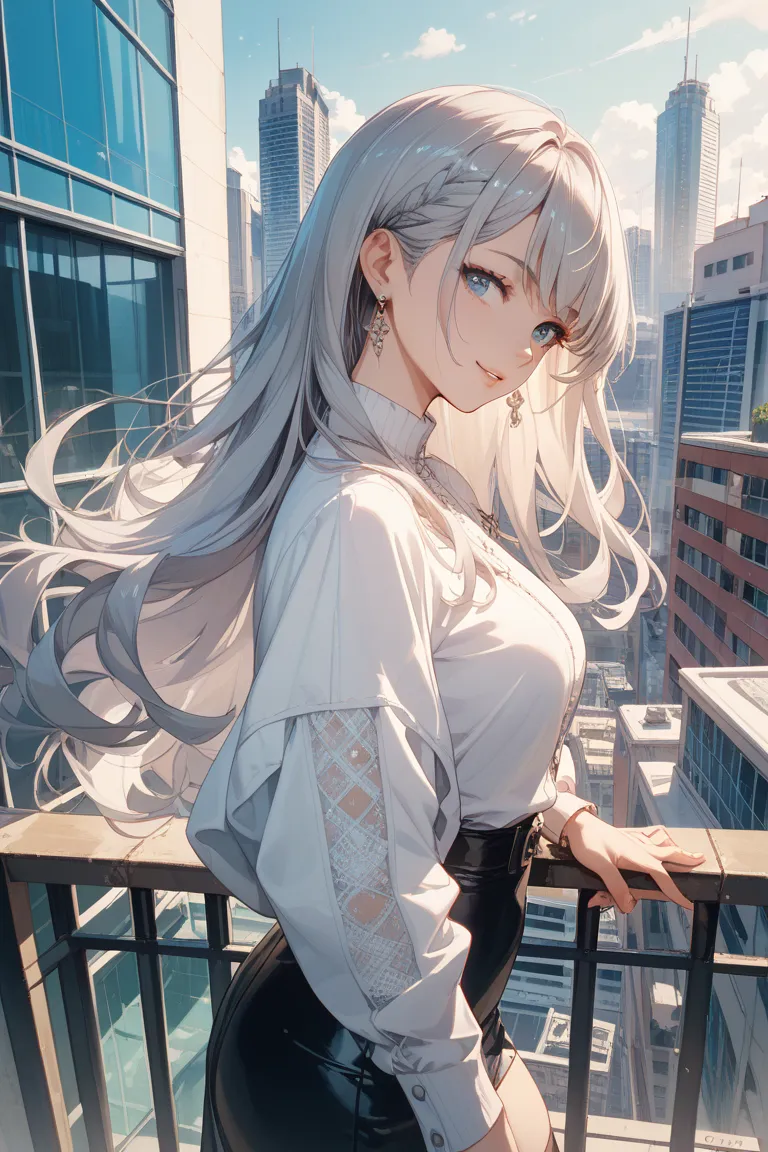 An abstract white urban skyscraper background、A woman wearing white clothes、Stand on the roof of a building、Gray hair with a slight bluish tinge、long hair、