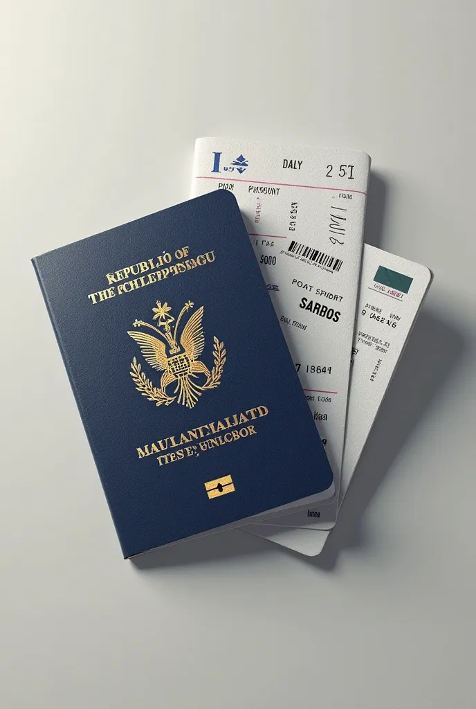 Create a realistic picture of the front of a philippine passport with inserted plane ticket with details from Manila, Philippines to Japan and named FABROS, REGINE AUSTRIA