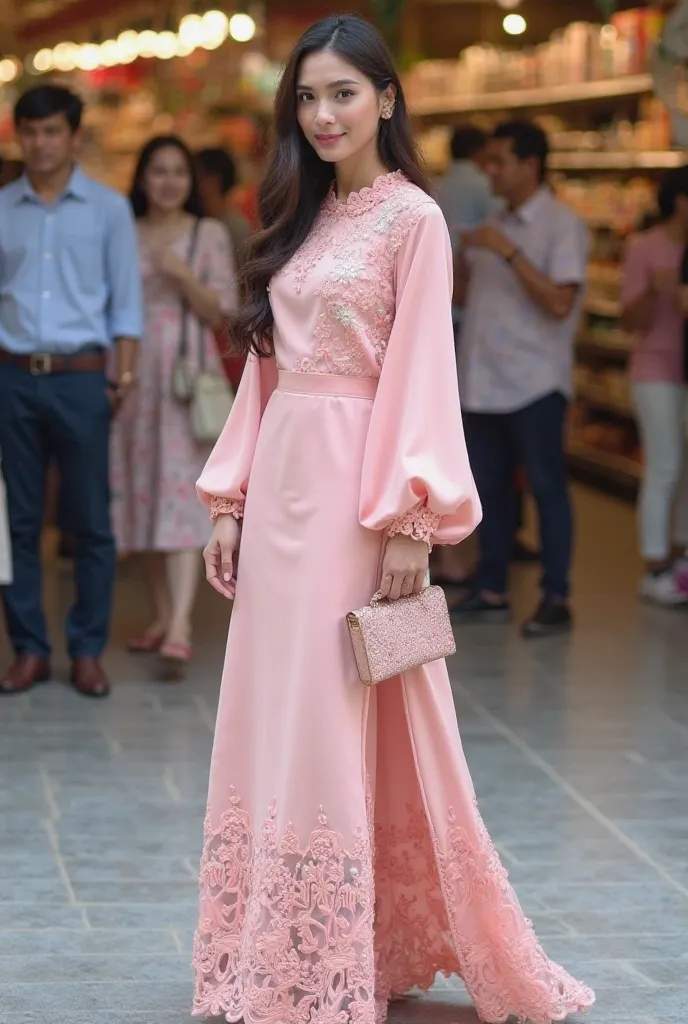 A glamorous and sophisticated woman, wearing a modern pink kurung in soft and elegant pink. The top features a loose and flowing silhouette with a round neckline. The wide sleeves are decorated with intricate lace embellishments, adding a soft and feminine...