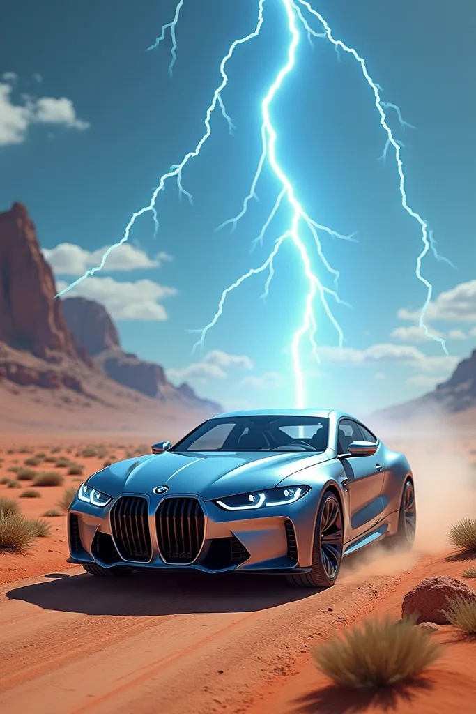 A BMW car is walking on a desert road with blue thunder shining behind it 