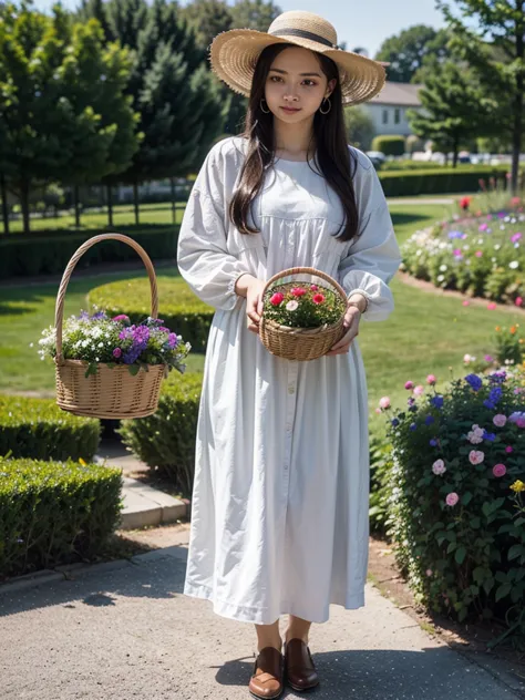 a woman in a dress and a hat is standing in a garden, long hair, black hair, long sleeves, full body, flower, earrings, outdoors, day, plant, basket, holding basket